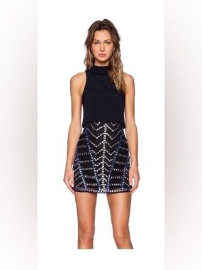 NBD Hey Girl Dress Black Beaded Mini Dress with Silver & Blue Accent